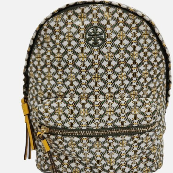 RARE Tory Burch Piper Bag Printed Backpack Green Gemini Link Satin Quilt Lined - Picture 1 of 5